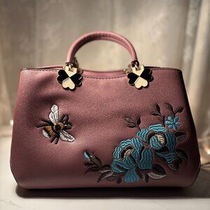 Nicole and Doris Purple Embroidered Vegan Leather Handbag, Designer Bag
